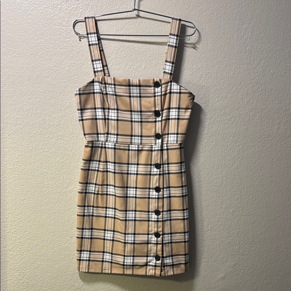 Plaid Button-Down Dress - Beige